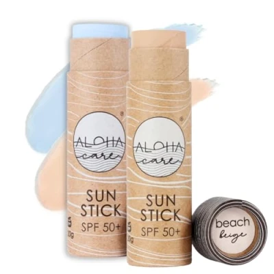 Abbildung von Aloha Sun Stick LSF 50+ Gesichtsmineral Sonnenschutz zum Surfen Eco Paper 20g (2 pack (Blau + Beige))