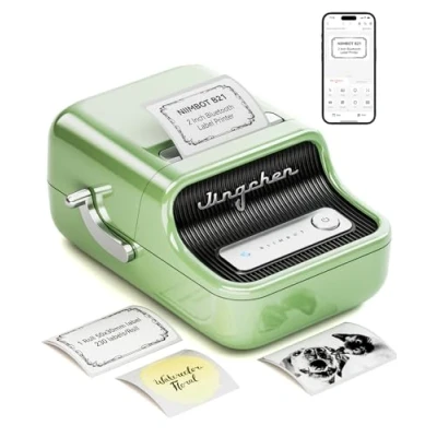 Abbildung von Etikettiermaschine mit 1 Rolle kostenlosem Klebeband NIIMBOT B21 Vintage 50mm Breite Business Thermo Label Drucker Etikett Writer für Home Office Organisation kommerzielle Nutzung (Grün)