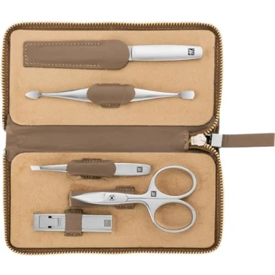 Abbildung von ZWILLING Maniküreset (5 Teilig Professionelles Nagelpflegeset aus Echt Leder mit Reißverschluss, Nagel und Hautschere), Premium, Taupe
