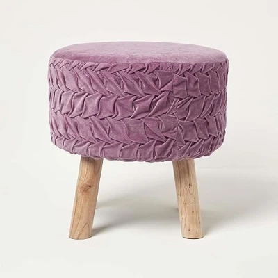Abbildung von Homescapes Lyla Plissee Hocker Mauve 41x40 cm, Samt rund, mit Holzbeinen