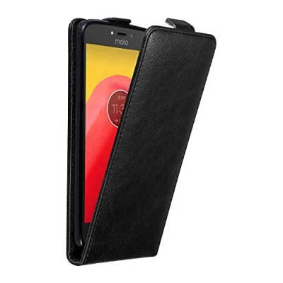 Abbildung von Cadorabo Hülle kompatibel mit Motorola Moto C Flip Design aus Premium Kunst Leder Klappbare Stoßfeste Magnetische Cover für Tasche in Schwarz