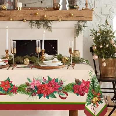 Abbildung von Rechteckige Weihnachtstischdecke, Weihnachtsstern, Stechpalme, Tannenzapfen, Polyester, wasserdicht, knitterfrei, langlebig, Tischdecke für Urlaub, Küche, Winter und Heimdekoration, 152,4 x