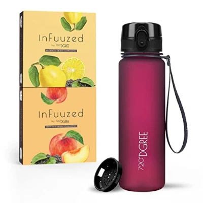 Abbildung von 720DGREE Eistee Trinkflasche 500ml “uberBottle + InFuuzed“ BPA Frei, Ohne Zucker, Keine Kalorien Einfach lecker Geschmack für die Wasserflasche, Eis Tee Alternative 2x 25 Beutel mind. 25l