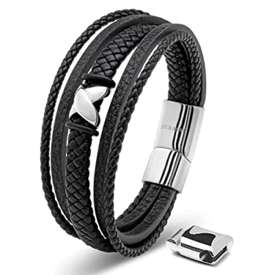 Abbildung von SERASAR Herren Armband 20cm Silber Männer Leder Armreif Lederband Herrenarmreif Armschmuck Schmuck Herrenschmuck Armkette Flecht Wickelarmband Armbändchen Bracelet