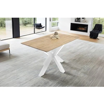 Abbildung von SAM Esstisch 140 x 80 cm Dean, Massivholztisch Eiche, Schweizer Kante, Esszimmertisch mit Spider Gestell aus Metall Weiß, pflegeleichter Holztisch