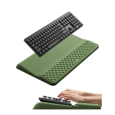 Abbildung von VAYDEER Ergonomie Set mit Tastatur Handauflage, Handgelenkauflage und Mauspad Memory Schaum, Rutschfest, 3 teilig, ideal für Büro Home Office, Olivgrün