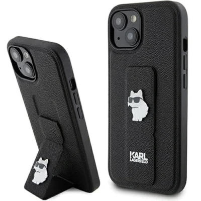 Abbildung von Karl Lagerfeld KLHCP15SGSACHPK Hülle für iPhone 15 6.1&quot; Schwarz Hardcase Gripstand Saffiano Choupette Pins