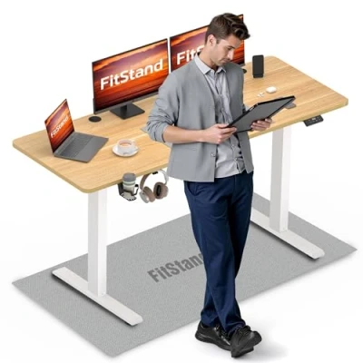 Abbildung von FitStand FQ1 140x60cm höhenverstellbarer Schreibtisch Electric Lift Desk mit Tischplatte, Stehpult, Computertisch Haken, Kindersicherung, Memory Funktion für Büro und Zuhause Ahorn