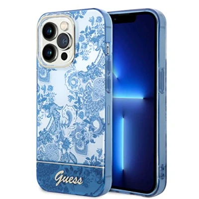 Abbildung von Guess GUHCP14LHGPLHB hülle für iPhone 14 Pro 6, 1&quot; blau/Blue hardcase Porcelain Collection, schwarz