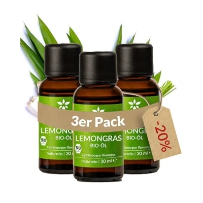 Abbildung von Heldengrün® BIO Lemongras Öl [100% NATURREIN] Erfrischend &amp; Anregend Echtes Zitronengrasöl Duftöl Ätherische Öle für Aromatherapie 3 x 30 ml
