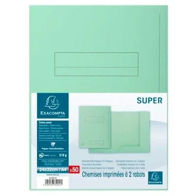 Abbildung von Exacompta 339004E 50er Pack Aktenmappen SUPER für DIN A4 mit 1 Klappe 210 g/m² PEFC™ zertifizierte Pastellfarben hellgrün ideal das Büro und Schule die mobile Organisation