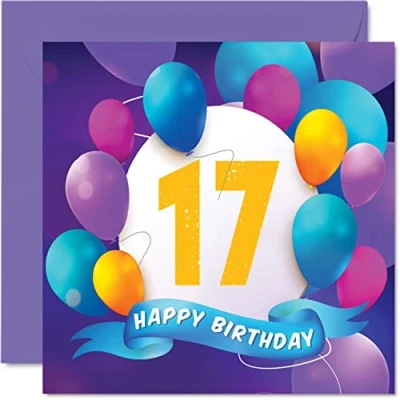 Abbildung von Geburtstagskarte zum 17. Geburtstag für Jungen und Mädchen Ballon Party Happy Birthday Cards 17 jährige Teenager, Jungen, Mädchen, Bruder, Schwester, Sohn, Tochter, Enkelin, 145 mm x