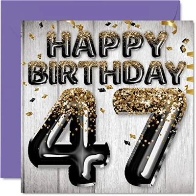 Abbildung von Geburtstagskarte zum 47. Geburtstag für Männer schwarze und goldene Glitzerballons Happy Karten 47 Jahre alten Mann Vater Cousin Freund Bruder Onkel 145 mm vierzig siebzig Grußkarten Geschenk