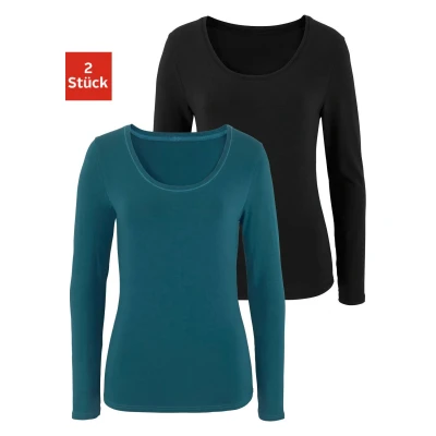 Abbildung von Lascana Langarm 2PACK Langarmshirt, Damen, Größe: 32/34, Petrol schwarz