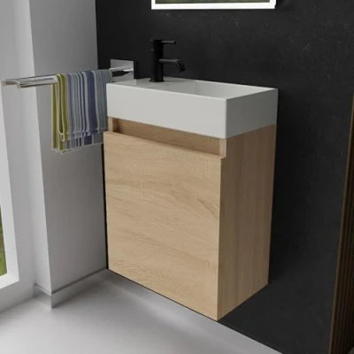 Abbildung von Alpenberger Badmöbel Set Gäste WC Waschbecken mit Unterschrank Badschrank Hängend, (2 tlg. Waschtisch Eiche Hell, Waschbeckenunterschrank Softclose), Waschplätze für Kleine Bäder Hängend und Vormontiert