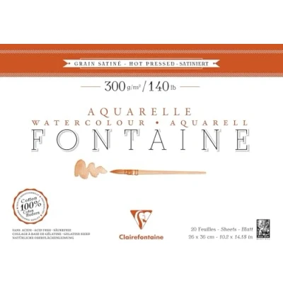 Abbildung von Clairefontaine 96345C Aquarellblock Fontaine Satiné (100% Hadern, feinkörnig, glatt, für Nass und Trockentechniken geeignet, säurefrei, 300g, 26 x 36 cm, 2o Blatt) weiß