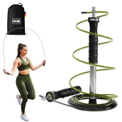 Abbildung von Wild Instincts Profi Springseil, Anti Rutsch Griffe, 3m Stahlseile/Sprungseil mit Kugellager/Extragewichte Tasche/Speed Rope/Jump Rope für Seilspringen/Springseil Erwachsene Fitness (Meshtasche)