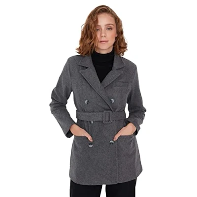 Abbildung von Trendyol Damen Regular Wickelschnitt Plain Webstoff Mantel Coat, Grau, 36 EU