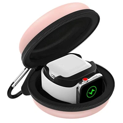 Abbildung von Moko Ladetasche Kompatibel mit Apple Watch Series 7/6/5/4/3/2/1/SE und Airpods Pro/3/2/1, Tragetasche Reisetasche Schutzbox Karabiner, Aufbewahrung Ladestation Ständer Halterung Roságold
