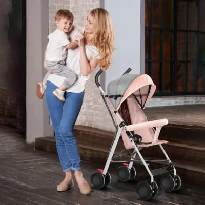 Abbildung von Kinderwagen für Babys, ultraleicht, kompakt, faltbar und neigbar, von Geburt bis 25 kg, mit Trolley System, Regenschutz im Lieferumfang enthalten, ausziehbarer Haube, D rosa