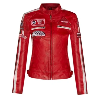 Abbildung von Infinity Leather Damen Rot Leder Biker Casual Racing Moto Abzeichen Jacke