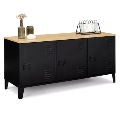 Abbildung von IDMarket Sideboard, niedrig, 113 cm, Ester, 3 Türen, Metall, Schwarz, Holzplatte, industrielles Design