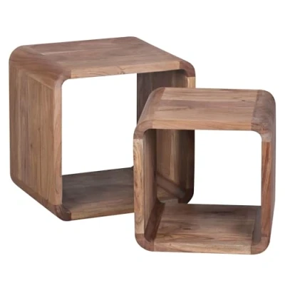 Abbildung von Wohnling 2er Set Satztisch BOHA Massivholz Design Couchtisch Akazie 2 Tische, Würfelregal Braun, Wohnzimmertisch Massiv, Beistelltische Holz Landhaus Stil, Holztisch Wohnzimmer,