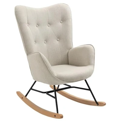 Abbildung von MEUBLE COSY Schaukelstuhl Sessel Schaukelsessel Stillstuhl Schwingstuhl mit Armlehnen Gepolsterter Sitzfläche für Wohnzimmer Schlafzimmer, Balkon, Stoff und Holzkufen, Bis 120 kg Belastbar, Beige