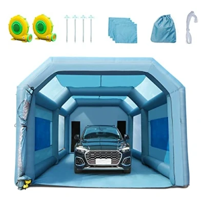 Abbildung von VEVOR Tragbares Aufblasbares Farbzelt 7,3 x 3,8 2,8 m, DIY Sprühmalerei 750 + 960 W, Sprühschutz Farbkabine für Projekte Hobby Farbautomaten Werkzeug, Blau 210D Oxford Gewebe Lackierkabine