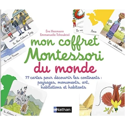 Abbildung von Coffret montessori pour découvrir le monde: 77 cartes les continents : paysages, monuments, art, habitations et habitants
