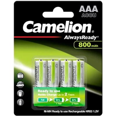 Abbildung von Camelion 17408403 Always Ready Ni MH Batterien AAA / HR03, 4 Stück, Kapazität 800 mAh, wiederaufladbar, für elektronische Geräte zur Sicherstellung einer optimalen Energieversorgung
