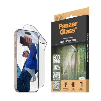 Abbildung von PanzerGlass® Eco MATRIX Displayschutz für Apple iPhone 16 Pro 100% recycelter Kunststoff, hohe Kratzfestigkeit, stoßfest, umweltfreundlich mit Montagehilfe einfache Installation