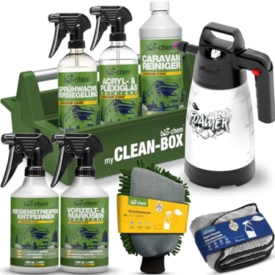 Abbildung von bio chem Caravan &amp; WoMo Außenpflege Premium Set 9 teilig Profi Außenreiniger Pflegemittel für GFK, Acrylglas, Alu Kunststoff an Wohnmobil, Wohnwagen Inkl. Schaumkanone, Tuch Handschuh