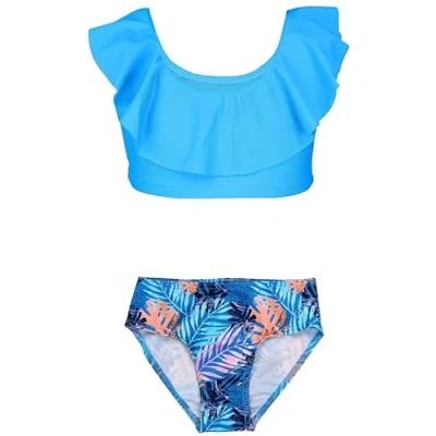 Abbildung von Aquarti Mädchen Bikini Set Bustier Bikinislip Zweiteiliger Badeanzug, Farbe: 037 Rüsche Bikinis Türkise Blätter Orange Blau, Größe: 152