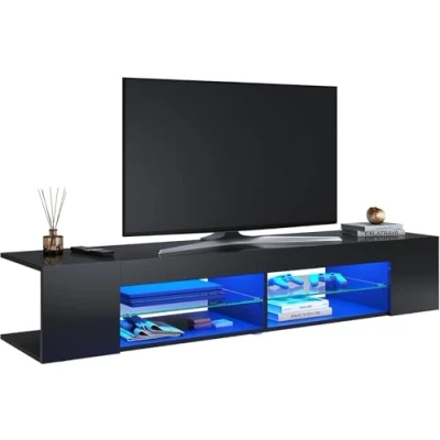 Abbildung von SONNI TV Schrank Lowboard mit LED Beleuchtung(12 Farben können eingestellt Werden) Fernsehtisch Fernsehschrank Glasböden Schwarz 135x39x30cm GTV003B BLACK 2