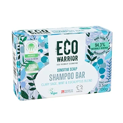 Abbildung von Eco Warrior Sensitive Shampoo Bar vegan, tierversuchsfrei, ohne SLS oder Parabene, tiefenpflegender weißer Ton &amp; Muskatellersalbei Öl, natürliche Minze plus Eukalyptus umweltfreundlich, 100 g