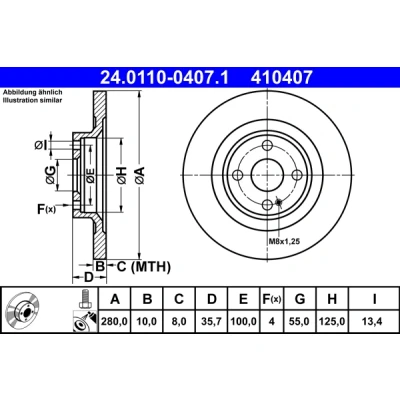 Abbildung von ATE 24.0110 0407.1 Bremsscheibe 280,0 10,0 4 100,0 voll beschichtet MAZDA: MX 5 IV, IV RF Targa