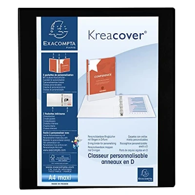Abbildung von Exacompta 51842NE Ringbuch Kreacover aus festem PP, 4 Ringe 30mm, Rücken 38mm, 3 Außen und 2 Innenhüllen, DIN A4+, 1 Stück, Schwarz