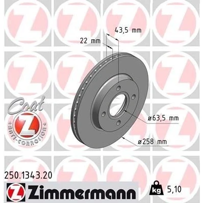 Abbildung von ZIMMERMANN COAT Z 250.1343.20 Bremsscheibe 258 22 4/4 4 108 innenbelüftet beschichtet FORD: Fusion Kombi, FIESTA 5, Focus Mk1 Schrägheck