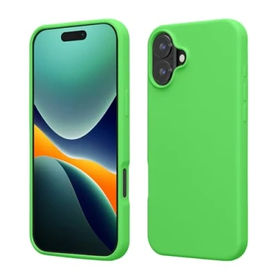 Abbildung von kwmobile Hülle kompatibel mit iPhone 16 Silikon Handy Case Handyhülle weiche Oberfläche kabelloses Laden Limettengrün