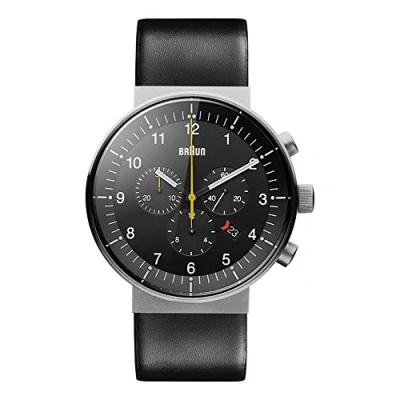 Abbildung von Braun Mens Prestige Chronograph with Date Analogue Quartz Watch, Black Dial and Leather Strap, 43mm Stainless Steel Case, Model BN0095SLG.