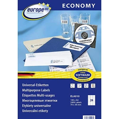 Abbildung von Europe100 Art. ELA010 Adressaufkleber (2.400 Klebeetiketten, 70x36mm auf A4, Papier matt, individuell bedruckbar, selbstklebende Adressetiketten, kompatibel zu AVERY 3475) 100 Blatt, weiß