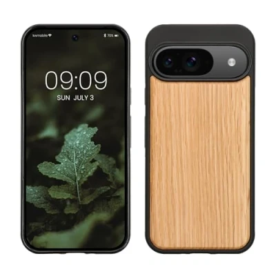 Abbildung von kwmobile Hülle kompatibel mit Google Pixel 9 / Pro Holz Case stoßfestes Handy Cover TPU Handyhülle in Hellbraun Braun
