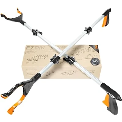 Abbildung von EZPIK 2 x 100 cm Greifer für Senioren mit Magnet Greifarm, Robuste Greifzangen Menschen Behinderungen, Drehbare Müllgreifer Zange, Gehilfe Befestigungsclip, 2er Pack, Silber