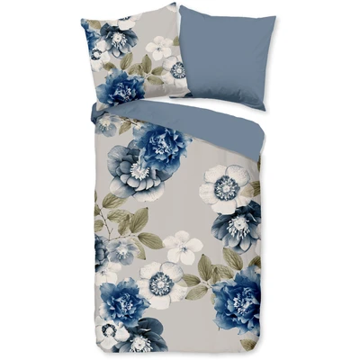 Abbildung von good morning Wendebettwäsche &quot;Gabin&quot;, Flanell, Biber, Winter, Warm, Reißverschluss, Wende, Blumen, Grau Blau