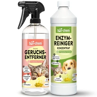 Abbildung von bio chem Geruchsentferner Set Katzengeruchsentferner Spray 750 ml + Enzymreiniger Konzentrat 1L Mikrobiologisch &amp; effektiv Gegen Tiergeruch auf Textilien Oberflächen
