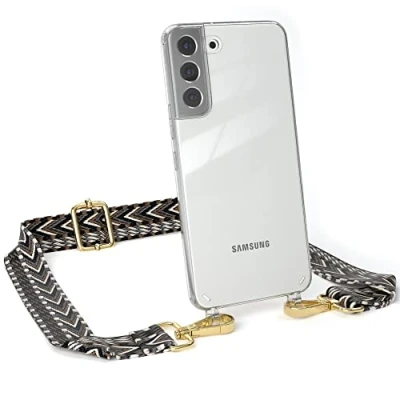 Abbildung von EAZY CASE Handykette Verstellbarer Gurt kompatibel mit Samsung Galaxy S22 Plus, Schulterriemen, Flache Kordel, Handykordel Hülle, Hülle Kette, Grau/Schwarz Metall Gold