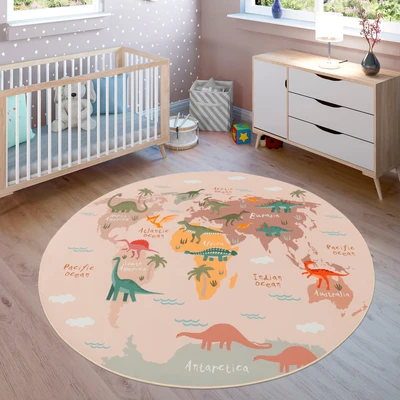 Abbildung von Paco Home Kinderteppich &quot;Bino 583&quot;, rund, 4 mm Höhe, Spielteppich, Motiv Weltkarte &amp; Dinosaurier, Kinderzimmer