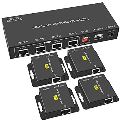 Abbildung von VEDINDUST HDMI Splitter Extender 1 in 4 out 50m (165ft), über Cat5e / 6/7 Ethernet Transmitter Receiver Super Setting EDID 1080p POC (benötigt nur TX Stromversorgung)