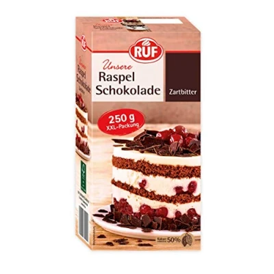 Abbildung von RUF Raspelschokolade Zartbitter, hauchdünne geraspelte Schokolade, Schoko Raspeln, ideal für Kuchen, Torten &amp; Muffins, glutenfrei vegan, 1 x 250g